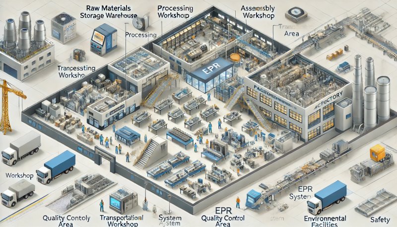 DALL·E 2024-10-25 16.43.11 - A detailed illustration of a modern factory layout, showcasing various sections_ a raw materials storage warehouse, a processing workshop, an assembly.webp